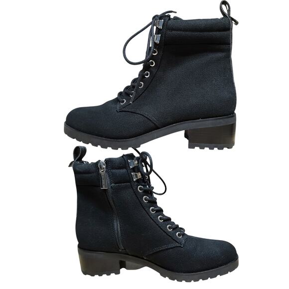 Michael Kors Black Lace Up Side Zip Ankle MOTO Chunky Lug Sole Biker Boots 7 1/2 - Picture 1 of 6